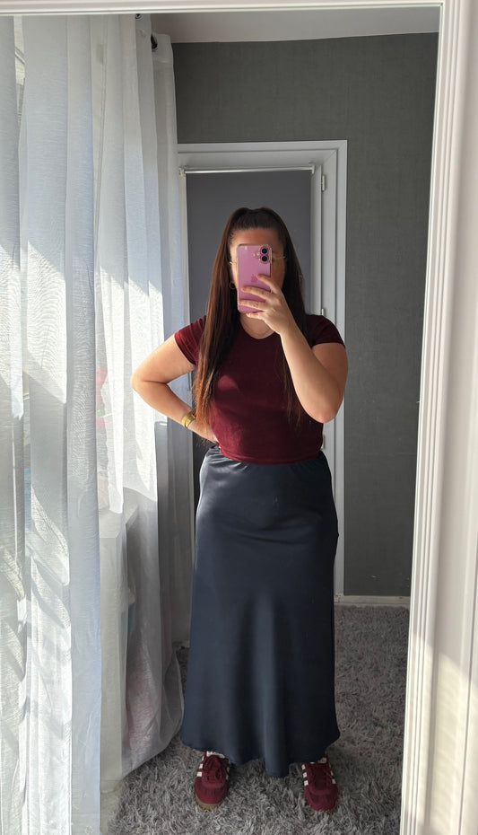 JUPE SATIN BLEU MARINE